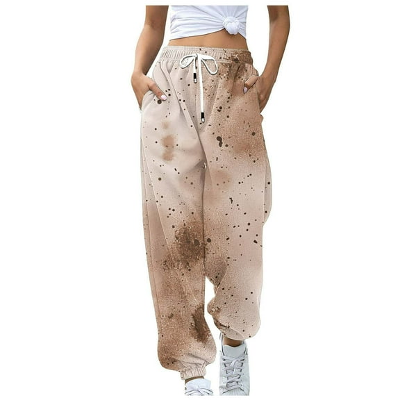 USNSM Women's Joggers Pants 2024 Workout High Waisted Yoga Pants Tie-Dye Comfy Drawstring Tapered Pants with Pockets Brown M