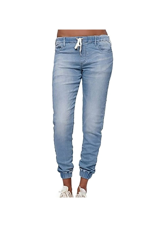 Women's Leggings High Waist Drawstring Denim Jeans Tapered Joggers Skinny Stretch Plus Size Pants with Pockets Light Blue S