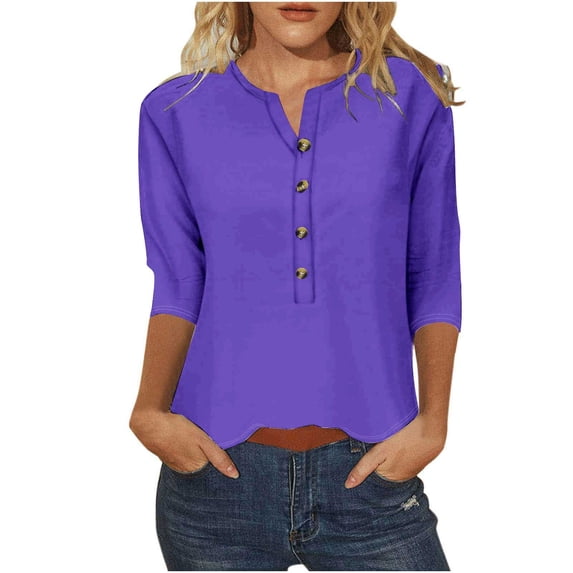 USNSM Women's Lightweight Tees Casual Button Down Trendy Spring Fall Tops Solid V Neck 3/4 Sleeve T-Shirts Purple S