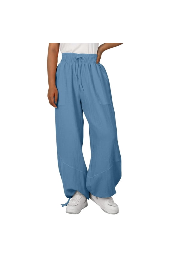 Women's Linen Pants Wide Leg Harem Pants High Waist Drawstring Palazzo Pants Loose Workout Trousers with Pockets Blue L