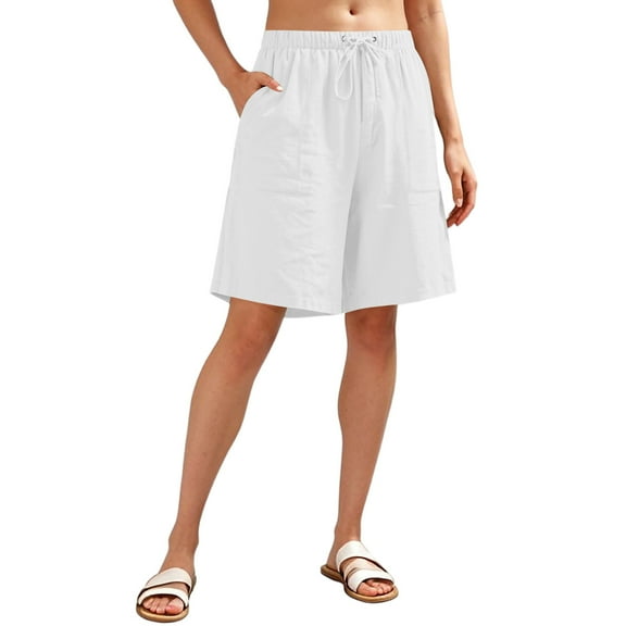 USNSM Women's Linen Shorts Casual Bermuda Drawstring Sports Shorts Beach Summer Shorts with Pockets High Waisted White XXL