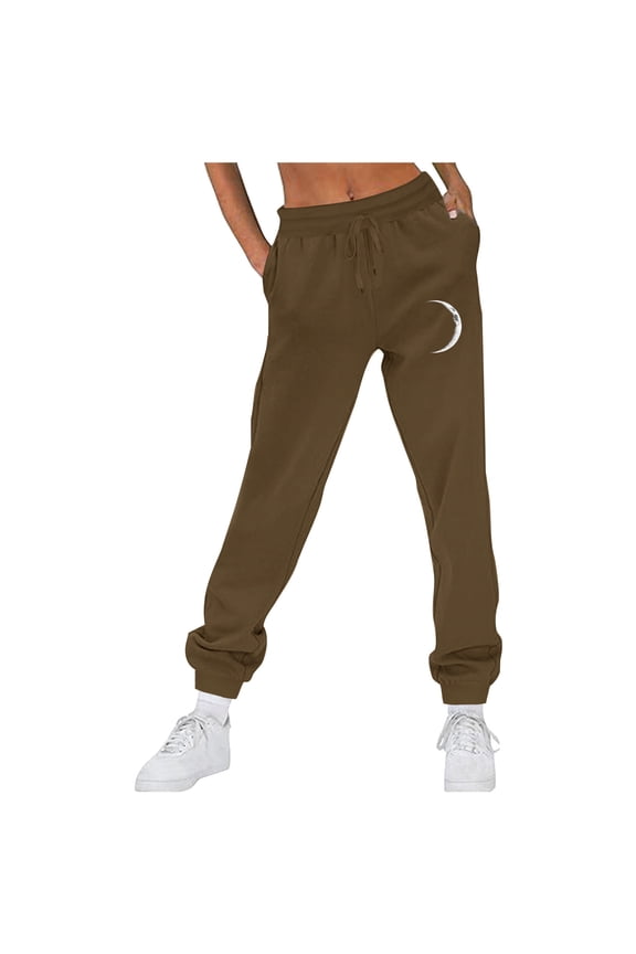 Women's Lounge Pants Fashion Moon Print Elastic High Waisted Sweatpants Baggy Workout Joggers Pants with Pockets Brown S