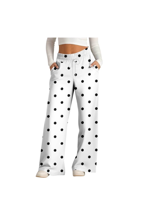 Women's Lounge Pants Funny Polka Dot Simple Pattern Trousers Baggy Home Workout Drawstring Jogger Pants with Pockets White XXL