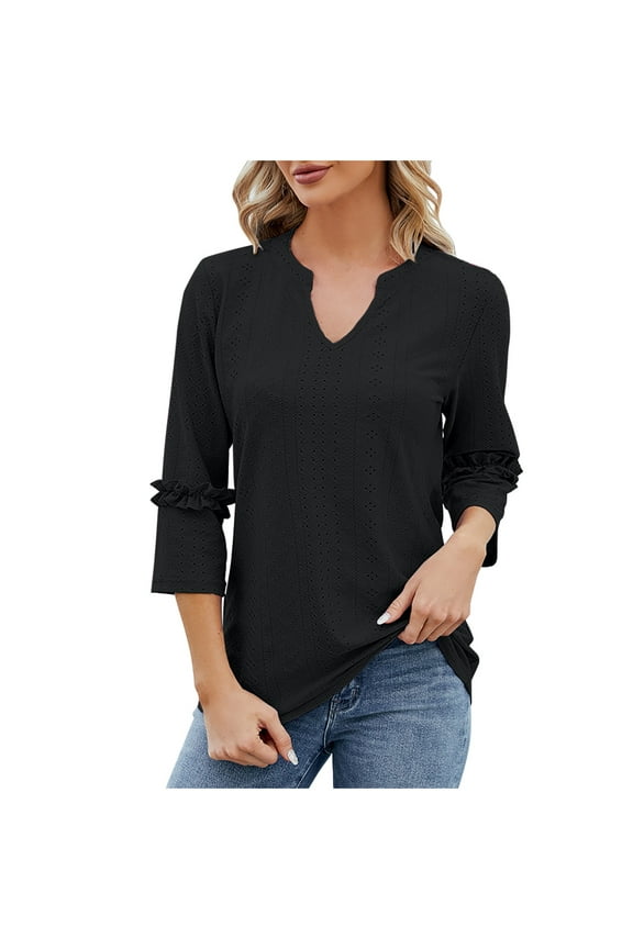 Women's Modest Pullover 3/4 Ruched Sleeve Length Loose Fit Tunic Blouses Hollow T Shirts Pleated Flare V Neck Tops Black XXL