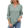 thumbnail image 1 of USNSM Women's Modest Pullover 3/4 Ruched Sleeve Length Loose Fit Tunic Blouses Hollow T Shirts Pleated Flare V Neck Tops Green XXL, 1 of 6