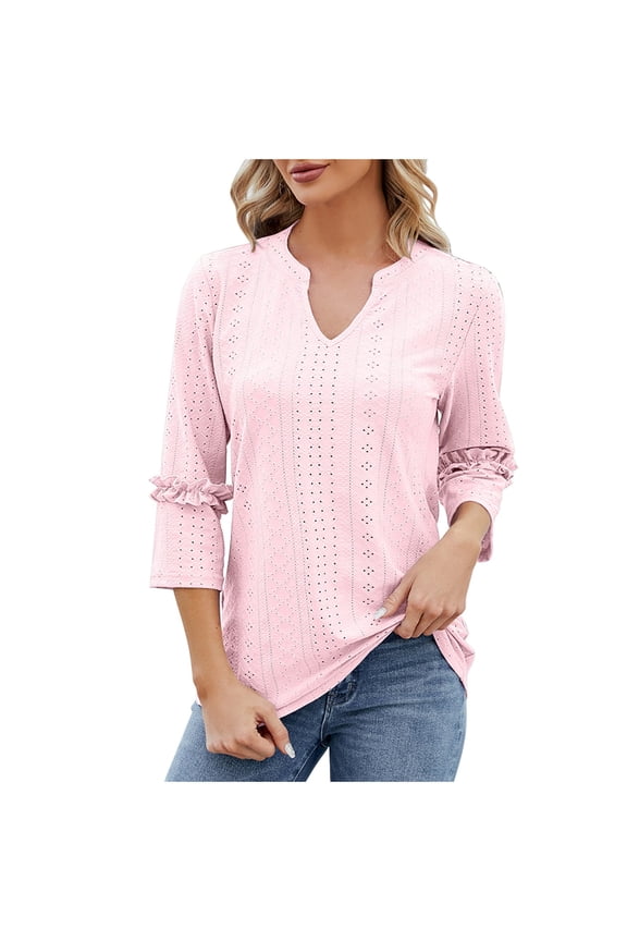Women's Modest Pullover 3/4 Ruched Sleeve Length Loose Fit Tunic Blouses Hollow T Shirts Pleated Flare V Neck Tops Pink M