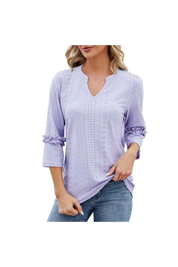 Women's Modest Pullover 3/4 Ruched Sleeve Length Loose Fit Tunic Blouses Hollow T Shirts Pleated Flare V Neck Tops Purple XL