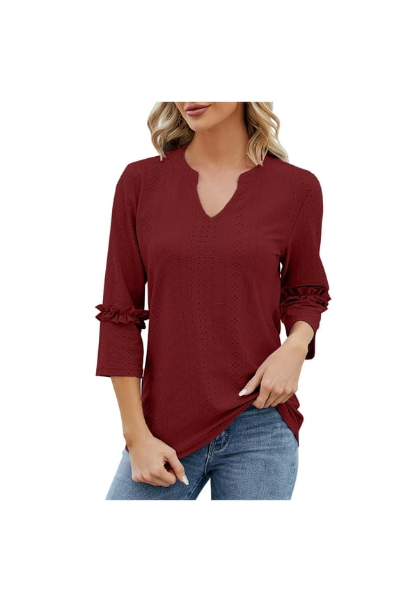 Women's Modest Pullover 3/4 Ruched Sleeve Length Loose Fit Tunic Blouses Hollow T Shirts Pleated Flare V Neck Tops Wine XXL