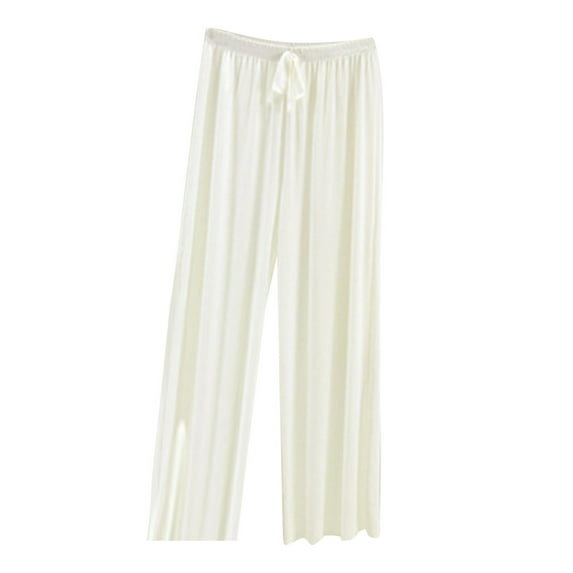 USNSM Women's Pajama Pants Satin Silk Casual Loose Wide Leg Trousers Elastic Waist Drawstring Lounge Pants Pj Bottoms White XL