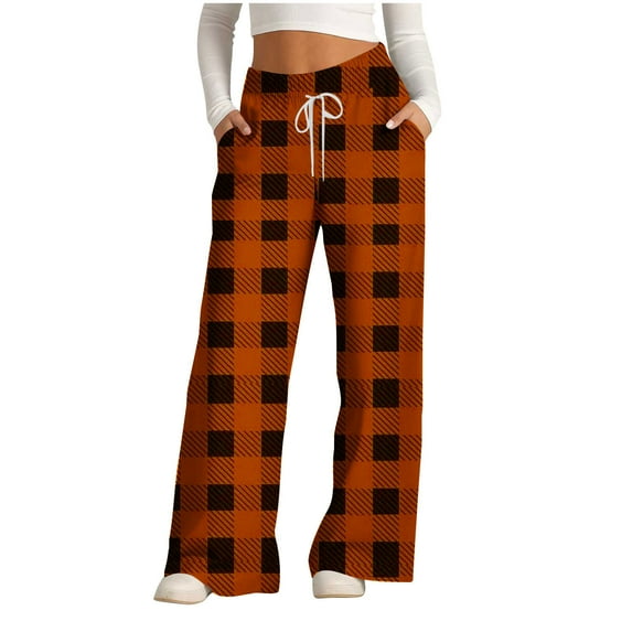 USNSM Women's Pajama Pants Trendy Plaid Print Stretch Comfy Lounge Pants Drawstring Sleep Straight Trousers with Pockets Orange XXL