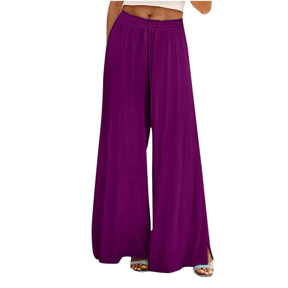 USNSM Women's Palazzo Pants Flowy Workout Drawstring Stretch Wide Leg Pants Solid Color Baggy Beach Pants with Pockets Purple XL