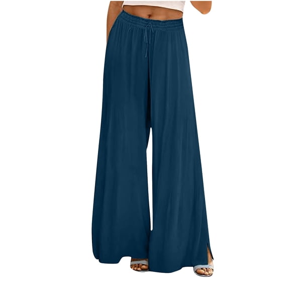 USNSM Women's Palazzo Pants Flowy Workout Drawstring Stretch Wide Leg Pants Solid Color Baggy Beach Pants with Pockets Sky Blue XL