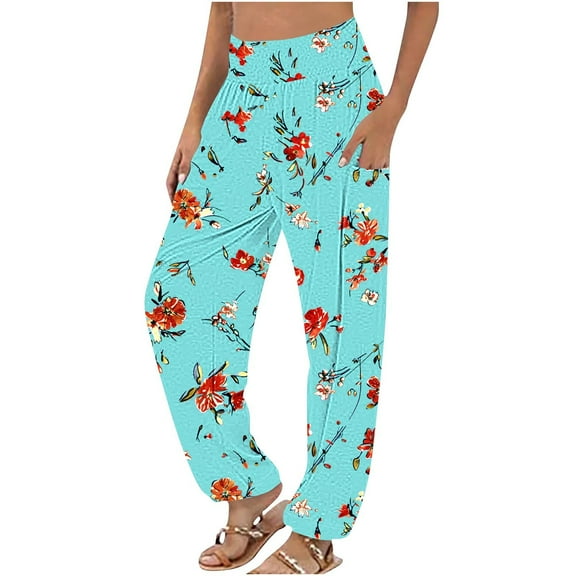 USNSM Women's Pants Elastic Waist Loose Workout Wide Leg Pants Casual Baggy Colorful Floral Printed Pants with Pockets Multicolor#03 S