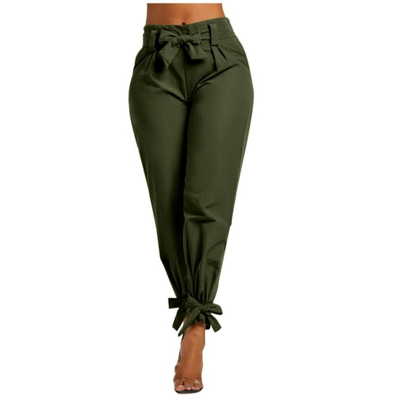 USNSM Women's Pencil Pants Casual High Waist Hem Bow-Knot Workout Trousers Solid Color Business Work Pants with Pockets Green M