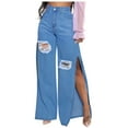 thumbnail image 1 of USNSM Women's Ripped Jeans Solid Color High Waist Slit Wide Leg Distressed High Waisted Loose Pants with Pockets Blue S, 1 of 7