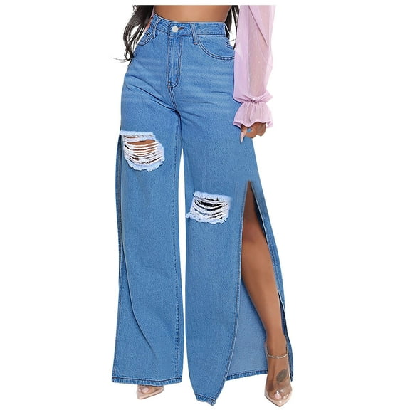 USNSM Women's Ripped Jeans Solid Color High Waist Slit Wide Leg Distressed High Waisted Loose Pants with Pockets Blue S