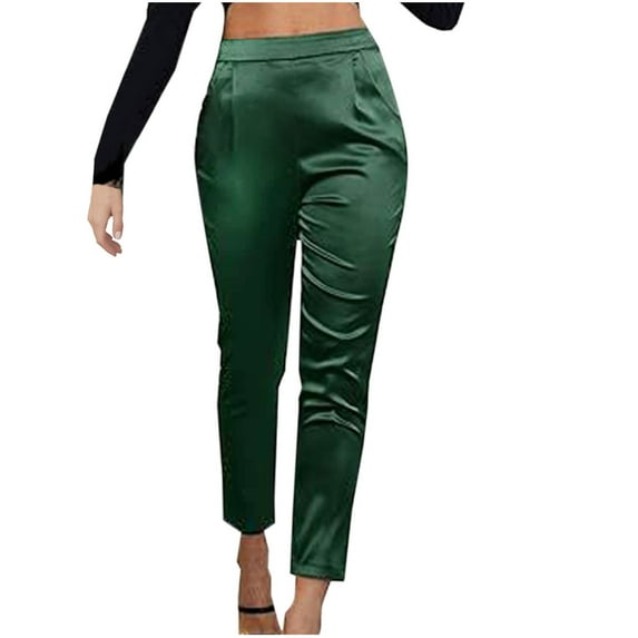 USNSM Women's Satin Dress Pants Casual Pleated Pull on High Waist Pants Business Work Tapered Trousers with Pockets Green M