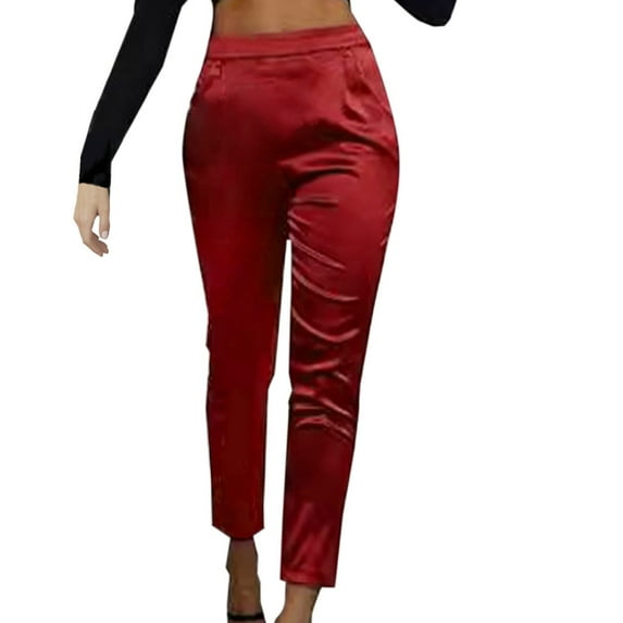 USNSM Women's Satin Dress Pants Casual Pleated Pull on High Waist Pants Business Work Tapered Trousers with Pockets Red XL
