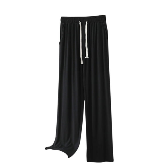 USNSM Women's Soft Pants Elastic Waist Lightweight Drawstring Wide-Leg Pants Casual Loose Tie Yoga Pants with Pockets Black XL