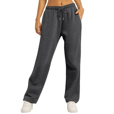 USNSM Women's Soft Sports Pants Solid Color Loose Straight Casual Trousers Elastic Waist Drawstring Stretch Pants with Pockets Dark Gray S