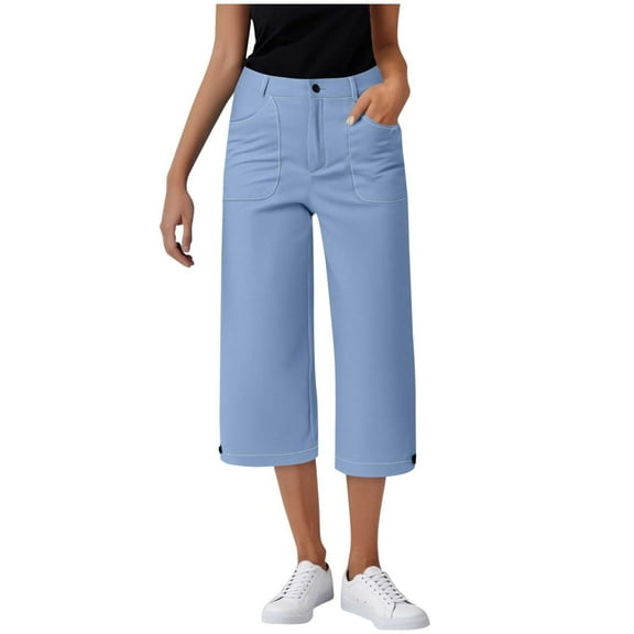 USNSM Women's Solid Color Fashion Casual Back Half Elastic Waist Suit Loose Pocket Button Zipper Capri Pants Blue S