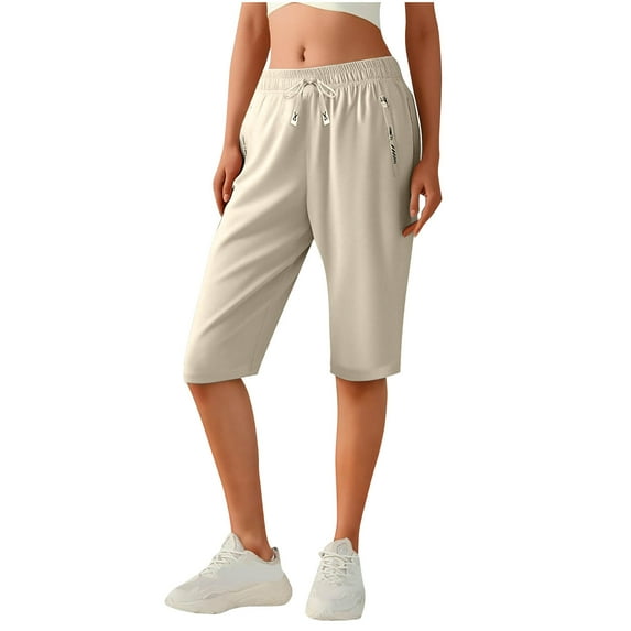 USNSM Women's Solid Color Summer Hiking Shorts with Zipper Pocket Lightweight Quick Dry Knee Length Bermuda Shorts for Women Beige M