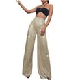 thumbnail image 1 of USNSM Women's Sparkle Sequin Pants Elastic Waist Wide Leg Trousers Solid Color Glitter Shiny Pants Bling Party Clubwear Beige S, 1 of 5