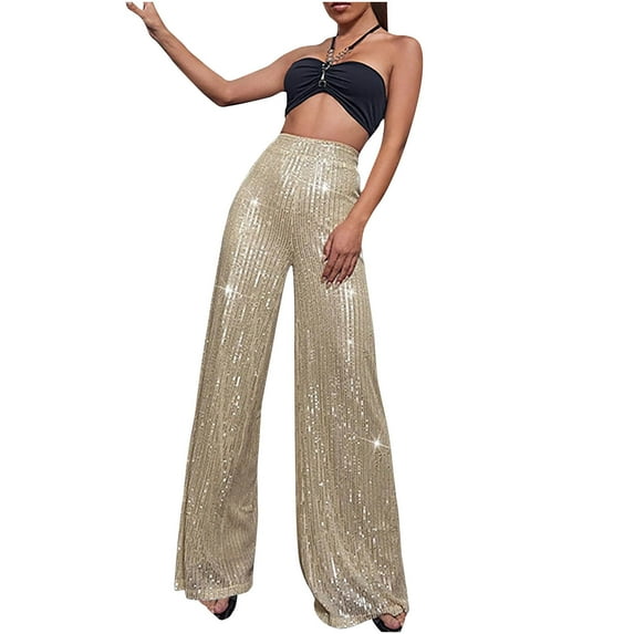 USNSM Women's Sparkle Sequin Pants Elastic Waist Wide Leg Trousers Solid Color Glitter Shiny Pants Bling Party Clubwear Beige S