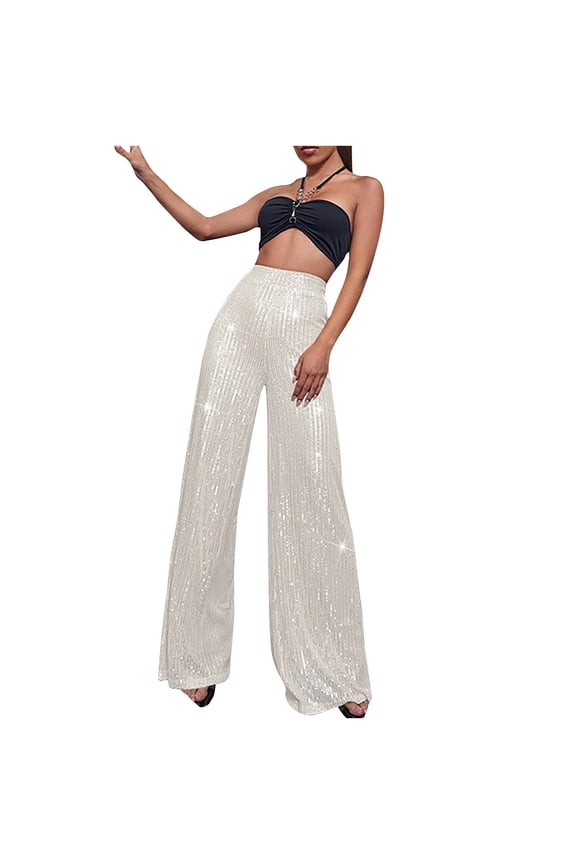 Women's Sparkle Sequin Pants Elastic Waist Wide Leg Trousers Solid Color Glitter Shiny Pants Bling Party Clubwear Silver XXL