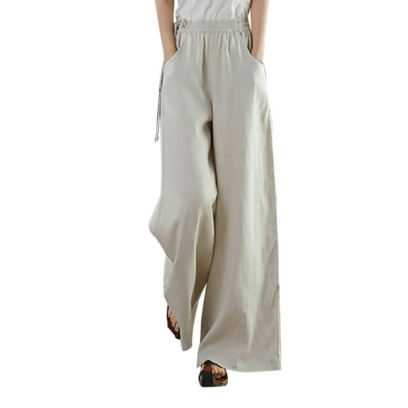 USNSM Women's Straight Pants Cotton Linen Pull-on Trousers Lounge Palazzo Pants Slacks Casual Comfy Pants with Pockets Beige XXL