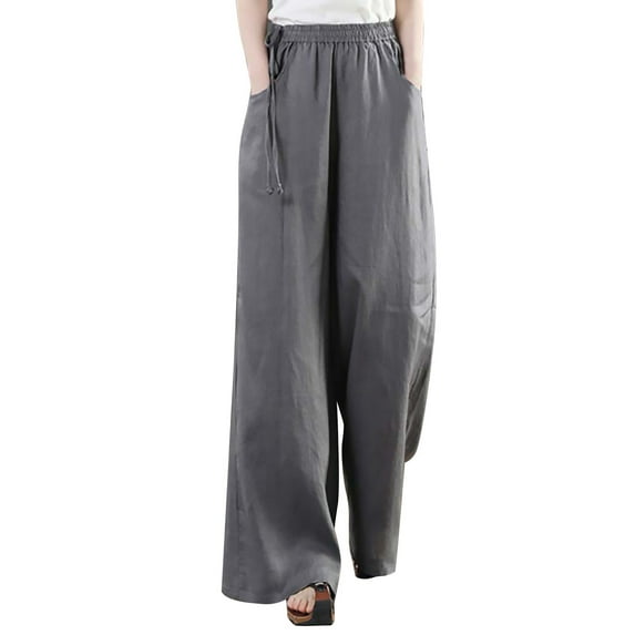 USNSM Women's Straight Pants Cotton Linen Pull-on Trousers Lounge Palazzo Pants Slacks Casual Comfy Pants with Pockets Gray XXL