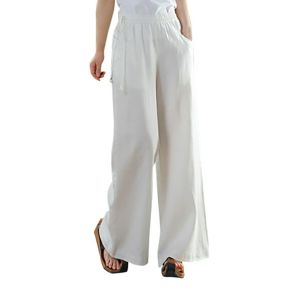 USNSM Women's Straight Pants Cotton Linen Pull-on Trousers Lounge Palazzo Pants Slacks Casual Comfy Pants with Pockets White XL