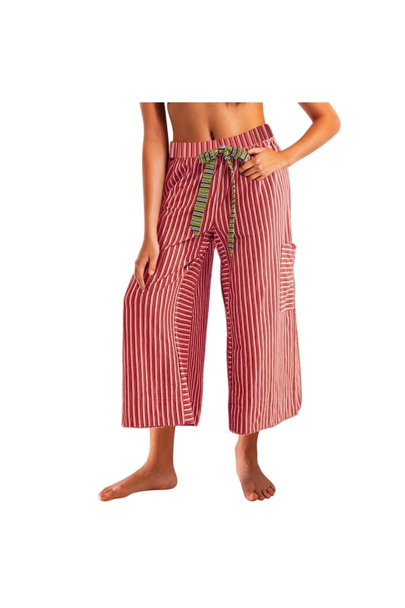 Women's Striped Capri Pants Y2K Casual High Waist Drawstring Wide Leg Trousers Baggy Palazzo Pants with Pockets Red L