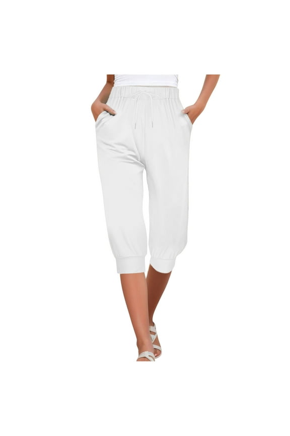 Women's Summer Casual Cotton Elastic Waist Drawstring Sweatpants Comfortable Fitness Exercise Jogging Belt Pocket Cropped Pants S White