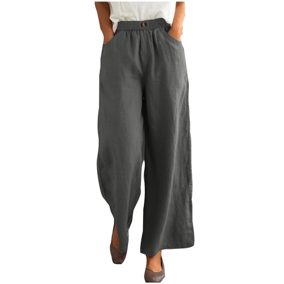 USNSM Women's Summer Cotton Linen Palazzo Pants Casual Loose Wide Leg Pants Boho Beach Pants Trousers with Pockets Dark Gray S