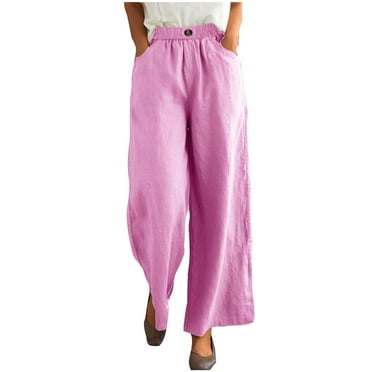 USNSM Women's Summer Cotton Linen Palazzo Pants Casual Loose Wide Leg Pants Boho Beach Pants Trousers with Pockets Pink S