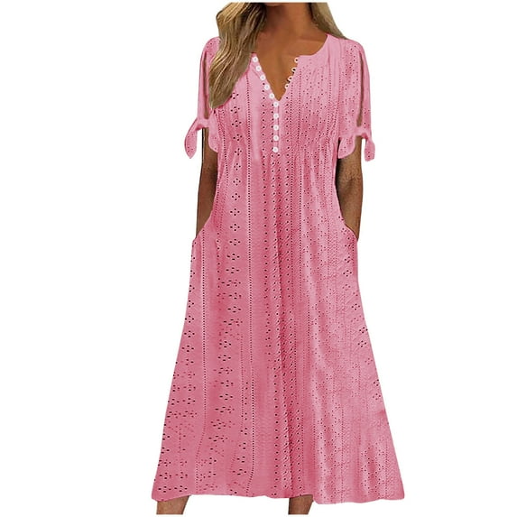 USNSM Women's Summer V Neck Button Tie Hollow Short Sleeve Dress Eyelet Lace Flowy Solid Color Dresses Pink XXL