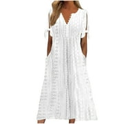 USNSM Women's Summer V Neck Button Tie Hollow Short Sleeve Dress Eyelet Lace Flowy Solid Color Dresses White XL