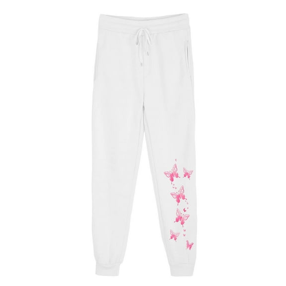USNSM Women's Sweatpants Lovely Butterfly Print Drawstring Sweatpants High Waisted Joggers Stretch Pants with Pockets White XXL