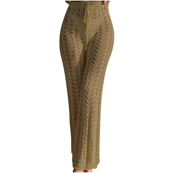 USNSM Women's Trousers High Waist Cover Up Workout Beach Pants Solid Color Hollow Out Drawstring Elastic Knit Pants Khaki S