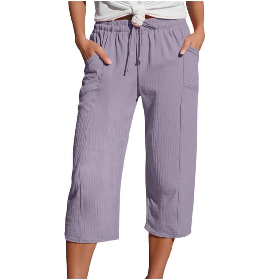 USNSM Women's Wide Leg Beach Pants Casual Breathable Comfy Solid Color Elastic Palazzo Pants with Pockets Purple L