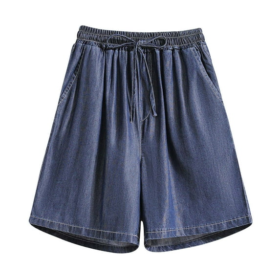 USNSM Women's Wide Leg Jean Shorts High Waist Knee Length Denim Shorts Drawstring Shorts Casual Stretchy Jeans Dark Blue L