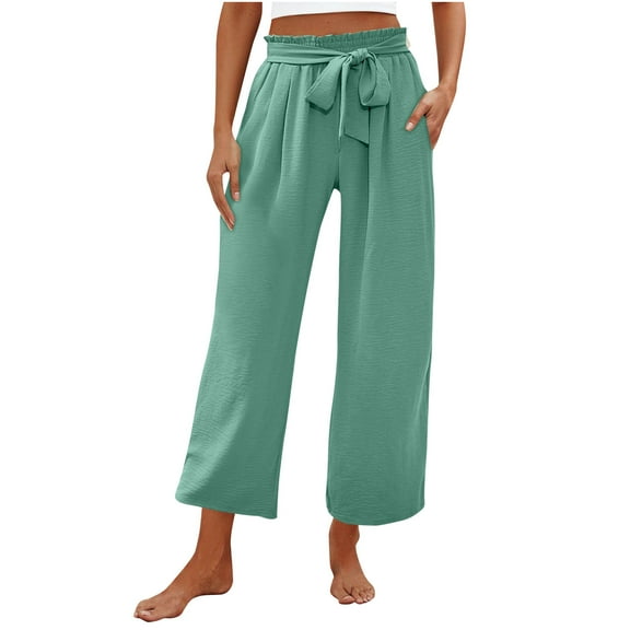 USNSM Women's Wide Leg Lounge Pants with Pockets Lightweight High Waisted Palazzo Adjustable Tie Knot Flowy Trousers Green M