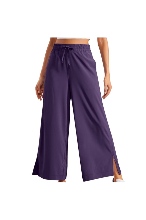 Women's Wide Leg Pants Solid Color Athletics Quick Dry Trousers Casual Slit Loose Drawstring Pants with Pockets Purple L