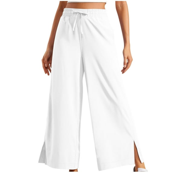 USNSM Women's Wide Leg Pants Solid Color Athletics Quick Dry Trousers Casual Slit Loose Drawstring Pants with Pockets S White
