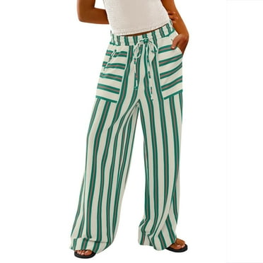 USNSM Women's Wide Leg Pants Striped Print Drawstring Straight Pants Comfy Lounge Streetwear Trousers with Pockets Green M