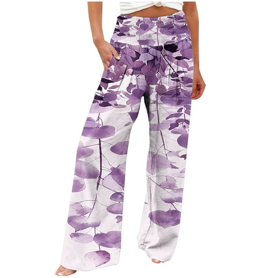 USNSM Women's Wide Leg Pants Stylish Boho Floral Print High Waist Elastic Waist Beach Pants Casual Loose Fit Palazzo Pants Blue XL