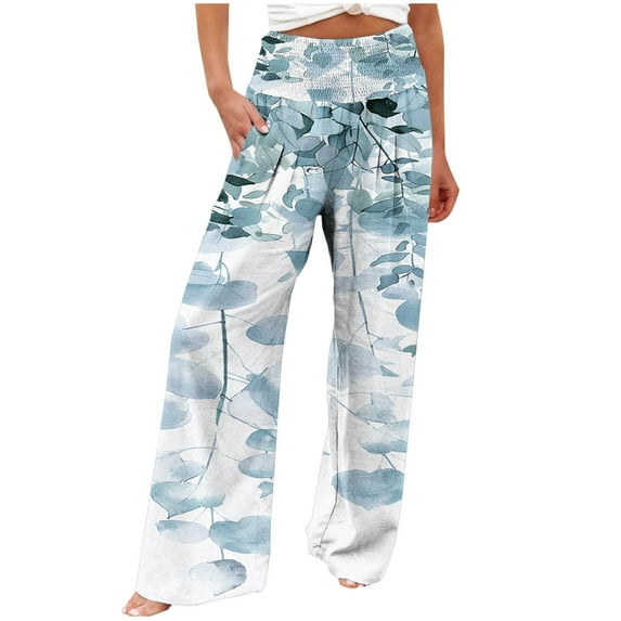 USNSM Women's Wide Leg Pants Stylish Boho Floral Print High Waist Elastic Waist Beach Pants Casual Loose Fit Palazzo Pants Brown XXL