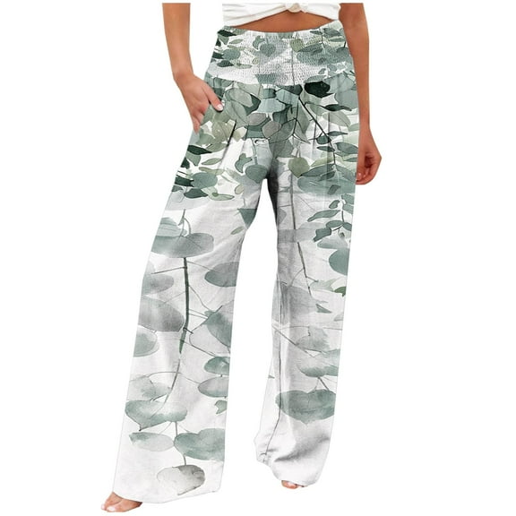 USNSM Women's Wide Leg Pants Stylish Boho Floral Print High Waist Elastic Waist Beach Pants Casual Loose Fit Palazzo Pants Green M