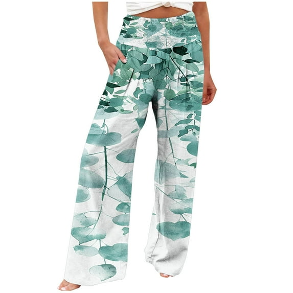USNSM Women's Wide Leg Pants Stylish Boho Floral Print High Waist Elastic Waist Beach Pants Casual Loose Fit Palazzo Pants Pink XL